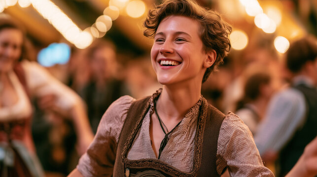 Person Smiling Joyfully at Oktoberfest Celebration.