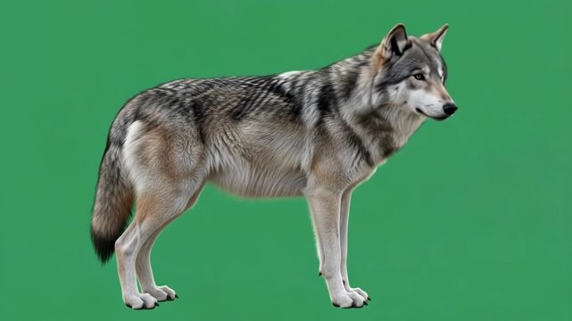 A majestic gray wolf standing in profile against a solid green background