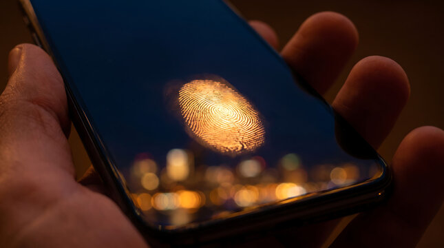 A close-up shot of a smartphone screen displaying a glowing fingerprint, symbolizing biometric security and personal data protection in digital era.