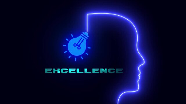 Excellence concept animated video featuring glowing neon human head profile with light bulb and typography text for high quality and superior performance