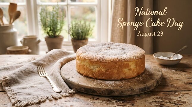 Whole Sponge Cake on Wooden Cutting Board with National Sponge Cake Day August 23 Celebration