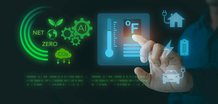 Man touching virtual thermometer for temperature control and Net Zero carbon emissions. Concept of climate change mitigation, green energy, EV charging, smart home, and AI eco technology.
