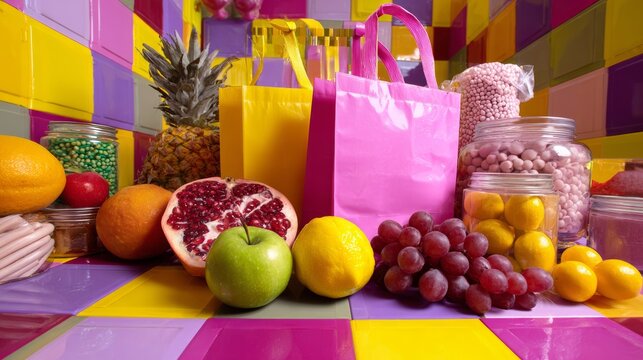Fresh Fruits and Shopping Bags in Vibrant Retail Scene