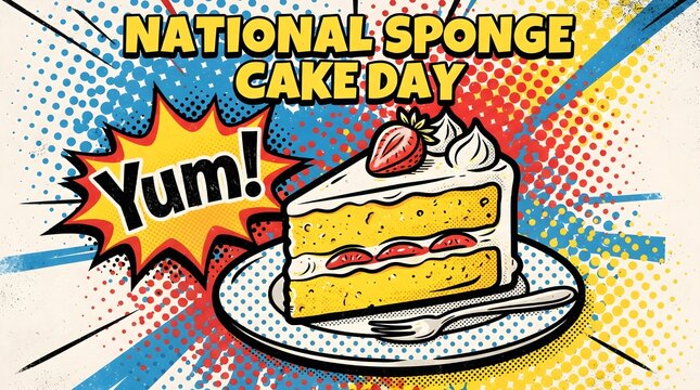 Comic Style Sponge Cake Slice Illustration with Highlights for National Sponge Cake Day