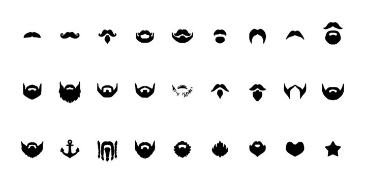 Facial Hair Icons Featuring Diverse Styles and Designs in Black and White Vector Format Featuring Beard, Mustache, Goatee