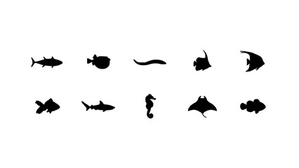 Fototapeta premium Fish Silhouettes Set of Ten Distinct Species with Varied Fins and Streamlined Shapes for Decorative Patterns