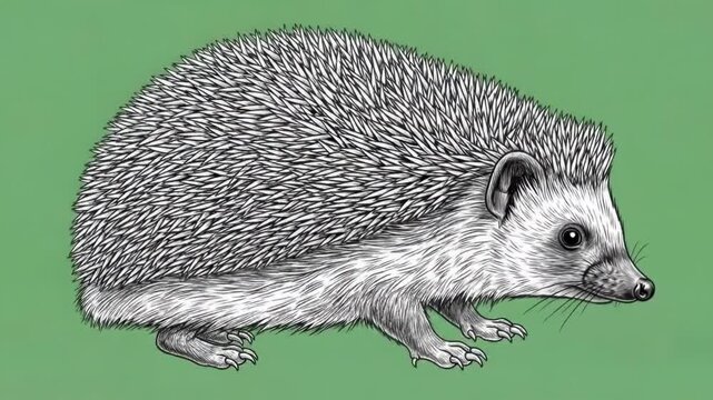 A detailed side profile illustration of a small hedgehog on green background