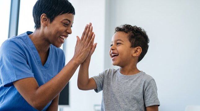 Smiling black female doctor giving high five to happy little boy patient in bright medical clinic room. Friendly African American nurse and kid healthcare checkup, medical care stock concept.