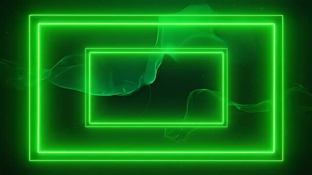 A glowing green neon frame set against a dark abstract background