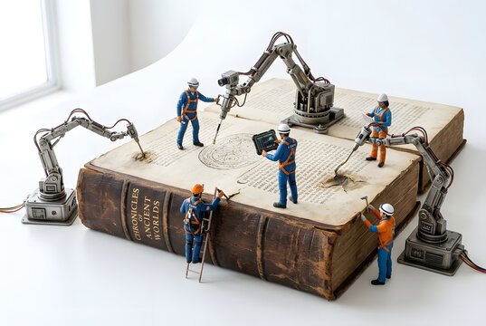 Tiny robots and workers building knowledge on an ancient book