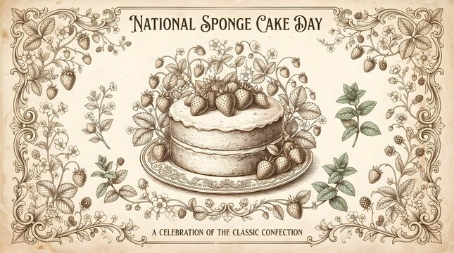 Sponge Cake Illustration Surrounded by Hand Drawn Strawberries for National Sponge Cake Day