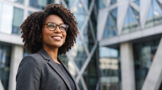 Confident smiling young African American businesswoman with curly afro hair and glasses looking away, successful Black female corporate entrepreneur standing against modern city building.
