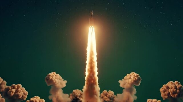A powerful rocket ascending into the night sky during a dramatic launch