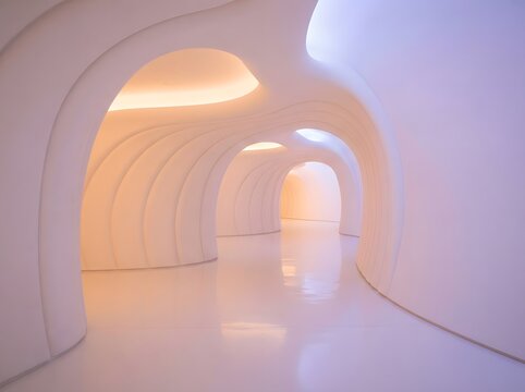Abstract futuristic white corridor with organic curves and soft warm lighting creating a serene journey