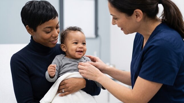Happy Black mother holding smiling baby during pediatric checkup, caring female nurse interacting with joyful infant boy in medical clinic office for healthcare and wellness routine.