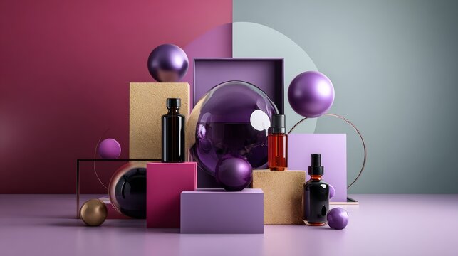 Cosmetic Bottles on Purple Geometric Display