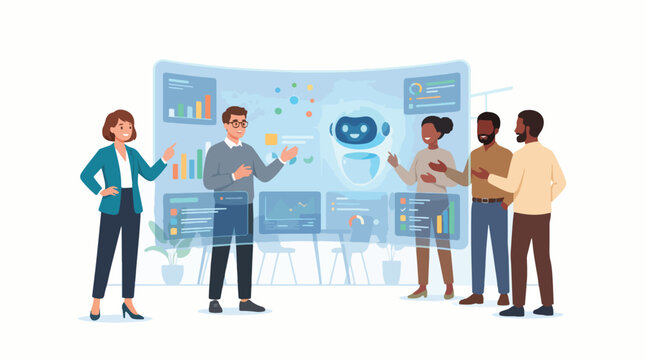 Professional using AI assistant on futuristic digital interface. Business expert collaborating with smart technology for data analysis and innovation.