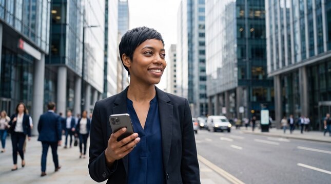 Smiling African American businesswoman using smartphone on modern city street. Confident black female entrepreneur text messaging on phone near office buildings, professional corporate lifestyle.