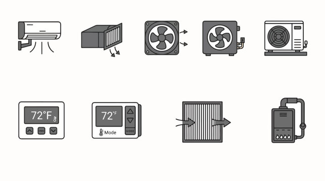 HVAC system installation icons set in flat vector design. Modern heating and cooling technical symbols for repair and maintenance guides.