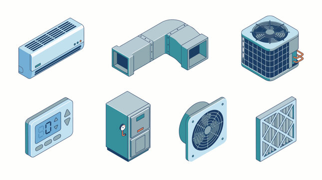 HVAC installation isometric icons. Heating and cooling service vector illustrations.