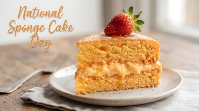 Sponge Cake Slice with Single Fresh Strawberry Topping for National Sponge Cake Day