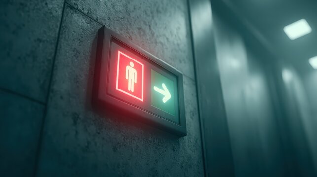 A glowing restroom sign on a textured wall shows a red male figure with a green arrow pointing right in a dimly lit corridor.