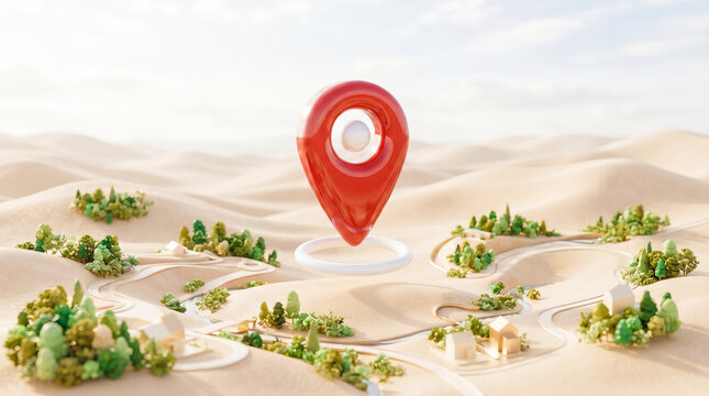 Giant glossy red location pin marker hovering above miniature stylized sandy desert landscape terrain model featuring tiny green trees winding wooden roads