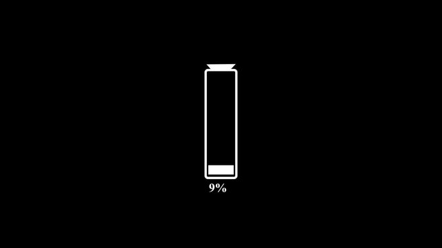 White Battery charge low warning concept.  Loading 0 to 11 percent complete of a low battery icon. Black background 4k video. 