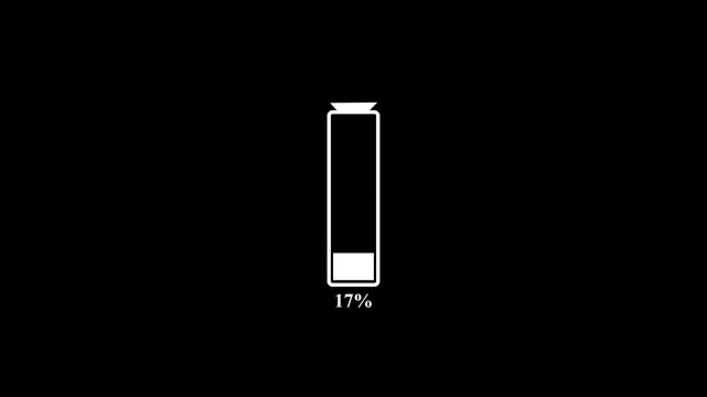 White Battery charge low warning concept.  Loading 0 to 20 percent complete of a low battery icon. Black background 4k video. 