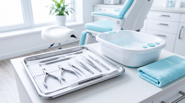 Sterile metal surgical tools lying on silver tray beside white foot bath basin inside modern bright medical podiatry clinic room ready for patient