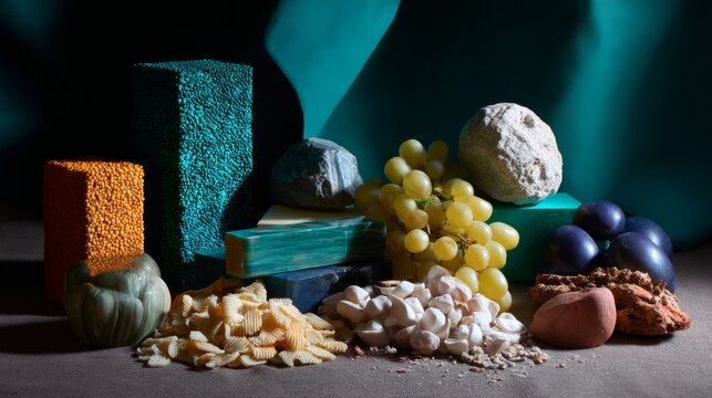 Artistic Still Life with Fruit and Geometric Objects