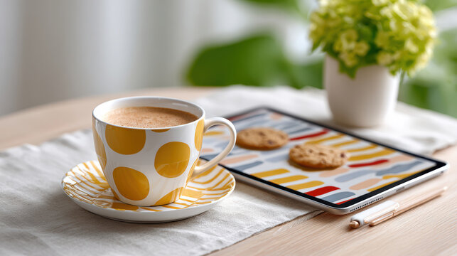Cozy tablet mockup with cookies and polka dot cup on linen napkin for bakery menu layout, cafe social media post, product presentation and lifestyle food branding