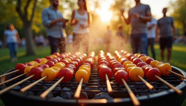 Grilled vegetable and tomato skewers on a charcoal barbecue at a sunset park picnic with friends socializing for summer event catering, backyard party menu and outdoor dining promotion