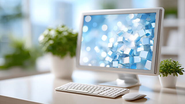Home office desktop with widescreen monitor showing blue cube background, wireless keyboard and mouse on bright desk for remote work setups, productivity scenes ergonomic workspace presentations