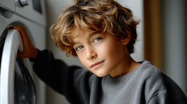 Young boy operating washing machine door in modern laundry area leaning hand on appliance and looking toward camera with composed expression in domestic utility space