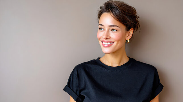 Smiling woman in black t shirt on warm neutral background for apparel mockup, lifestyle banner and ecommerce product listing with natural light and upbeat expression