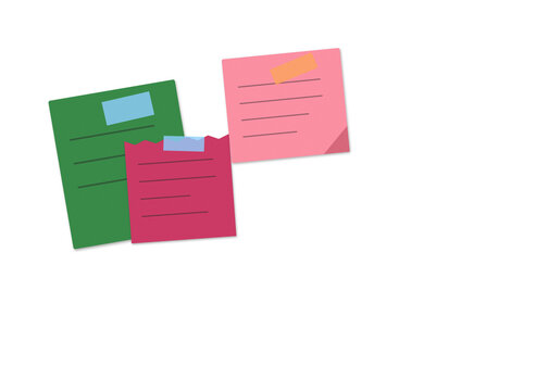 Collection of colorful sticky notes arranged on white background with stationery reminder planning