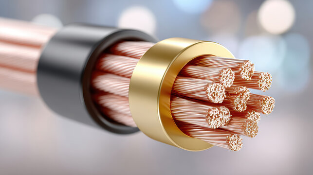 Closeup cross section of multi stranded copper speaker cable with gold termination for amplifier and audio equipment technical background