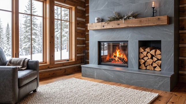 Burning wood fireplace featuring stacked logs built into grey slate stone wall inside rustic log cabin living room near large windows showing snow