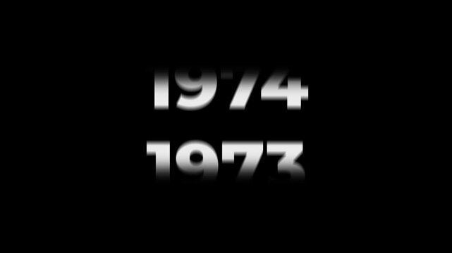 Reverse 58 year counter animation scrolling back from 2026 to 1968. White 3D text on black background. Going back in time flashback and history timeline motion graphics concept.
