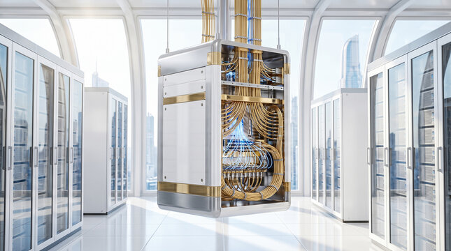 Suspended metallic quantum computer processor featuring complex gold wiring and blue glowing lights hanging inside bright modern server room overlooking city skyline
