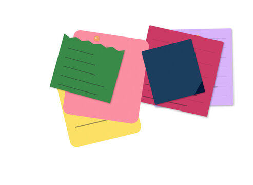 Assorted colorful sticky notes and paper memos layered on a white background with stickynotes, stationery