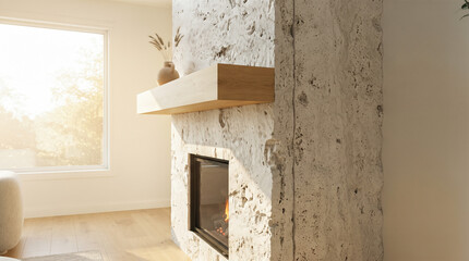 Obraz premium Close up architectural detail showing thick textured white stone fireplace with burning fire and solid oak wooden mantelpiece inside contemporary sunny house