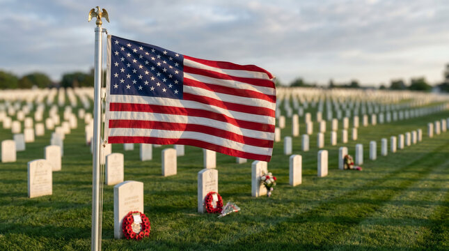 American flag waving in military cemetery with gravestones and wreaths  