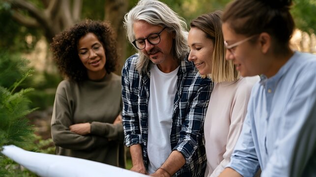 Four people gathered outdoors examining a large rolled up plan or blueprint together in a natural setting