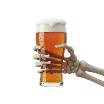 skeleton hand holding beer glass isolated on white background, 