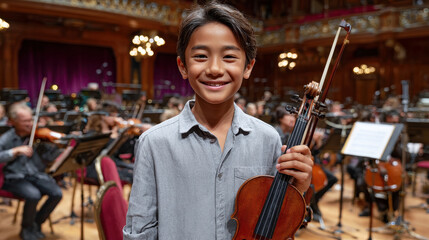 Obraz premium Young Asian boy smiling and holding a violin and bow in an orchestra rehearsal hall with musicians in the blurred background