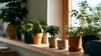 Fototapeta premium A row of potted houseplants on a wooden ill bathed in soft natural light from a window