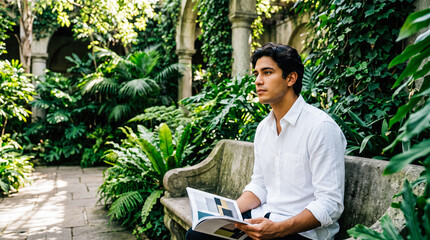 Obraz premium Thoughtful handsome young hispanic man holding printed design magazine sitting resting quietly across old weathered stone bench inside beautiful lush green botanical courtyard garden