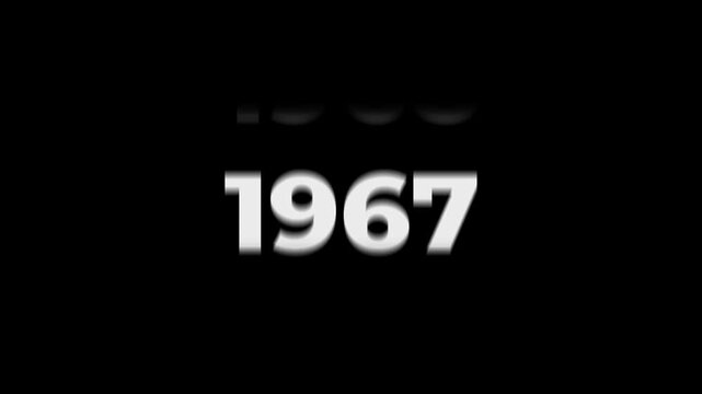 Reverse 65 year counter animation scrolling back from 2026 to 1961. White 3D text on black background. Going back in time flashback and history timeline motion graphics concept.